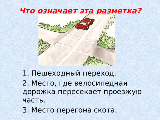Что означает эта разметка?   1. Пешеходный переход.  2. Место, где велосипедная дорожка пересекает проезжую часть. 3. Место перегона скота. 