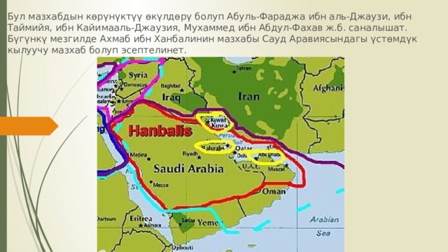 Бул мазхабдын көрүнүктүү өкүлдөрү болуп Абуль-Фараджа ибн аль-Джаузи, ибн Таймийя, ибн Кайимааль-Джаузия, Мухаммед ибн Абдул-Фахав ж.б. саналышат. Бүгүнкү мезгилде Ахмаб ибн Ханбалинин мазхабы Сауд Аравиясындагы үстөмдүк кылуучу мазхаб болуп эсептелинет. 