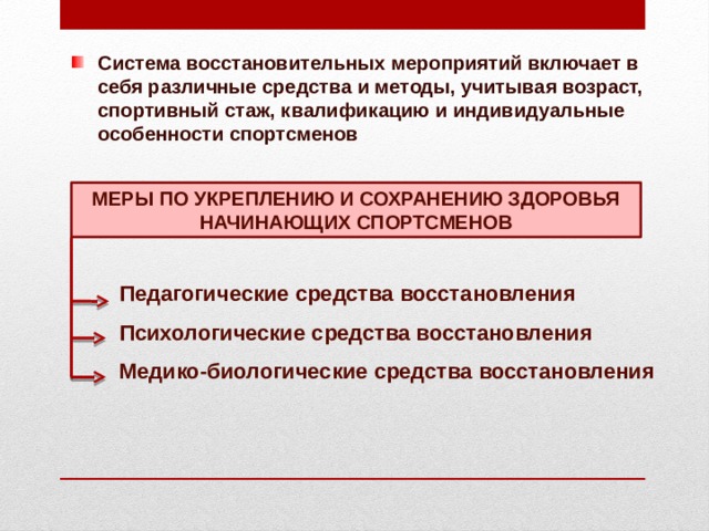 Система восстановительных мероприятий включает в себя различные средства и методы, учитывая возраст, спортивный стаж, квалификацию и индивидуальные особенности спортсменов МЕРЫ ПО УКРЕПЛЕНИЮ И СОХРАНЕНИЮ ЗДОРОВЬЯ НАЧИНАЮЩИХ СПОРТСМЕНОВ Педагогические средства восстановления Психологические средства восстановления Медико-биологические средства восстановления 