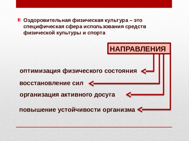 Оздоровительная физическая культура – это специфическая сфера использования средств физической культуры и спорта НАПРАВЛЕНИЯ оптимизация физического состояния восстановление сил организация активного досуга повышение устойчивости организма 