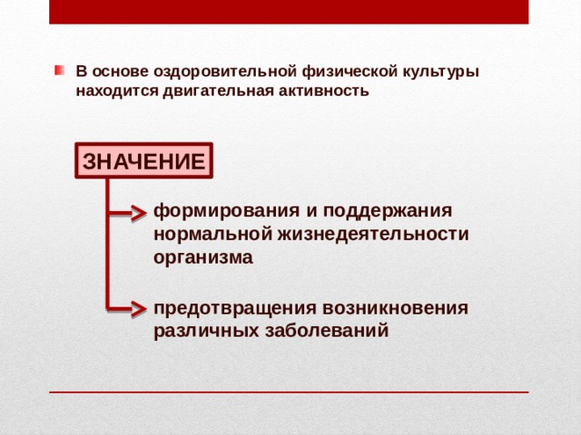 В основе оздоровительной физической культуры находится двигательная активность ЗНАЧЕНИЕ формирования и поддержания нормальной жизнедеятельности организма предотвращения возникновения различных заболеваний 