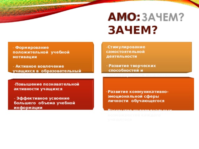 АМО:  ЗАЧЕМ? - Стимулирование  самостоятельной деятельности Развитие творческих способностей  и нестандартности  мышления Развитие коммуникативно- эмоциональной сферы личности обучающегося Развитие коммуникативно- эмоциональной сферы личности обучающегося Раскрытие индивидуальных возможностей каждого  учащегося Раскрытие индивидуальных возможностей каждого  учащегося - Формирование положительной учебной  мотивации - Активное вовлечение учащихся в образовательный  процесс - Повышение  познавательной активности  учащихся - Эффективное усвоение большего объема учебной  информации 