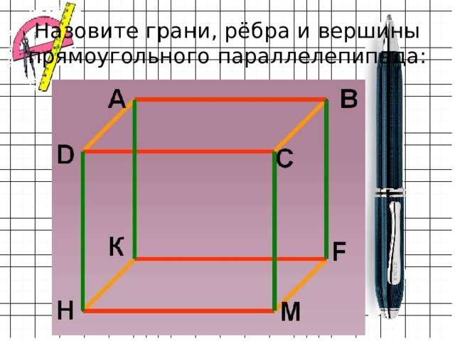 Назовите грани, рёбра и вершины прямоугольного параллелепипеда: 