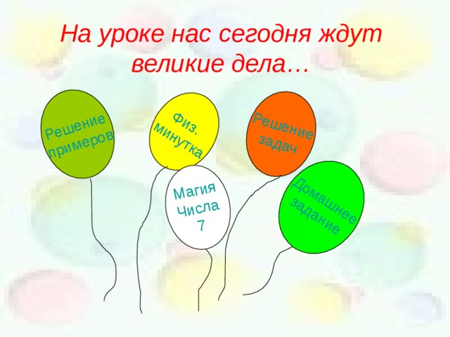 Решение задач Решение примеров Физ. минутка  Домашнее задание Магия Числа 7 На уроке нас сегодня ждут великие дела… 