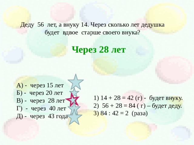 Деду 56 лет, а внуку 14. Через сколько лет дедушка будет вдвое старше своего внука? А) - через 15 лет - Б) - через 20 лет - В) - через 28 лет + Г) - через 40 лет - Д) - через 43 года - Через 28 лет 1) 14 + 28 = 42 (г) - будет внуку. 2) 56 + 28 = 84 ( г) – будет деду. 3) 84 : 42 = 2 (раза) 