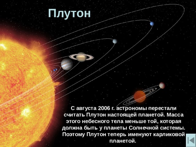 Плутон С августа 2006 г. астрономы перестали считать Плутон настоящей планетой. Масса этого небесного тела меньше той , которая должна быть у планеты Солнечной системы. Поэтому Плутон теперь именуют карликовой планетой. 