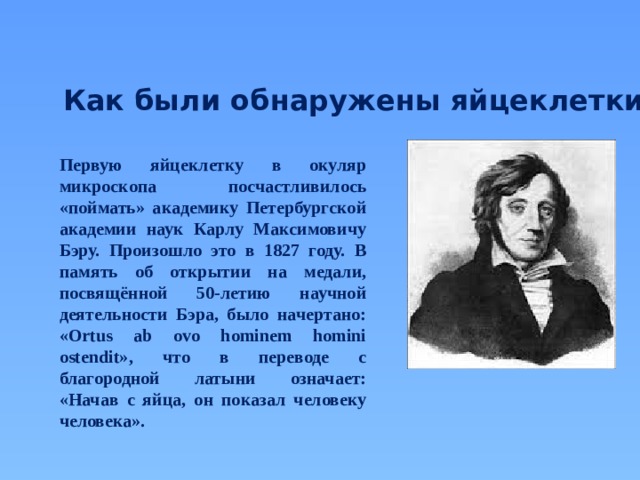 Как были обнаружены яйцеклетки Первую яйцеклетку в окуляр микроскопа посчастливилось «поймать» академику Петербургской академии наук Карлу Максимовичу Бэру. Произошло это в 1827 году. В память об открытии на медали, посвящённой 50-летию научной деятельности Бэра, было начертано: «Ortus ab ovo hominem homini ostendit», что в переводе с благородной латыни означает: «Начав с яйца, он показал человеку человека». 