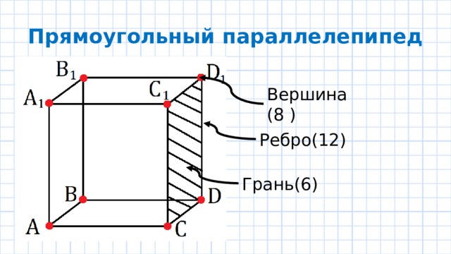 Прямоугольный параллелепипед Вершина (8 ) Ребро(12) Грань(6) 