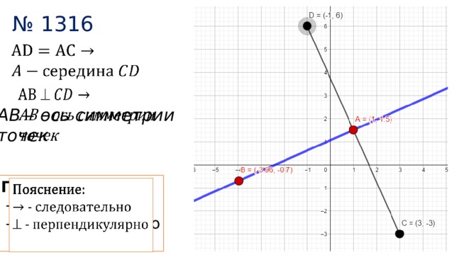 № 1316      AB – ось симметрии точек   Пояснение:  - следовательно    - перпендикулярно 