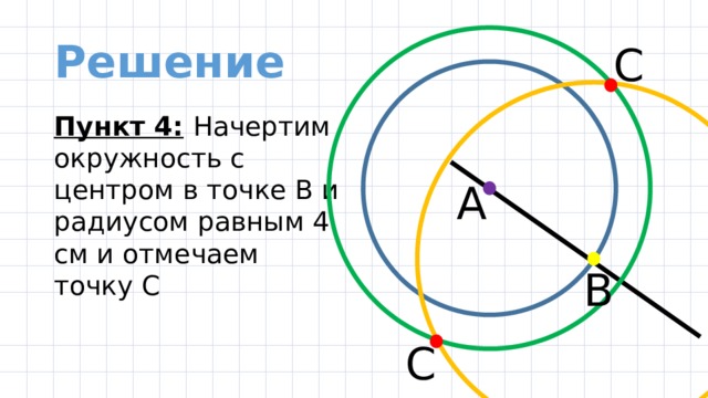 Решение С Пункт 4:  Начертим окружность с центром в точке В и радиусом равным 4 см и отмечаем точку С А В С 