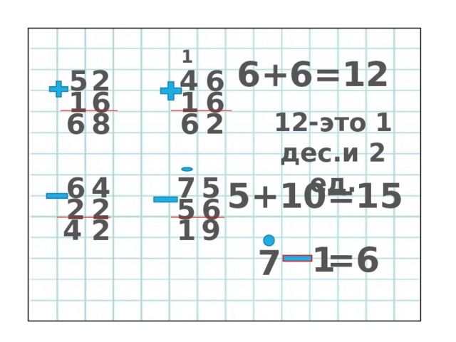 1 6+6=12 2 5 4 6 1 6 6 1 6 12-это 1 дес.и 2 ед. 2 8 6 5 7 4 6 5+10=15 2 2 5 6 9 2 1 4 1 =6 7 
