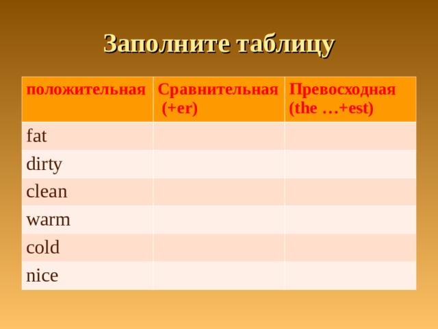 Заполните таблицу положительная Сравнительная (+ er) fat Превосходная (the …+est) dirty clean warm cold nice 