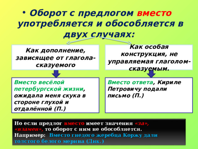 Оборот с предлогом вместо употребляется и обособляется в двух случаях:  Как дополнение, зависящее от глагола-сказуемого Как особая конструкция, не управляемая глаголом-сказуемым. Вместо весёлой петербургской жизни , ожидала меня скука в стороне глухой и отдалённой (П.) Вместо ответа , Кириле Петровичу подали письмо (П.)   Но если предлог  вместо  имеет значения  «за», «взамен»,  то оборот с ним не обособляется. Например:  Вместо гнедого жеребца Коржу дали толстого белого мерина (Дик.) 