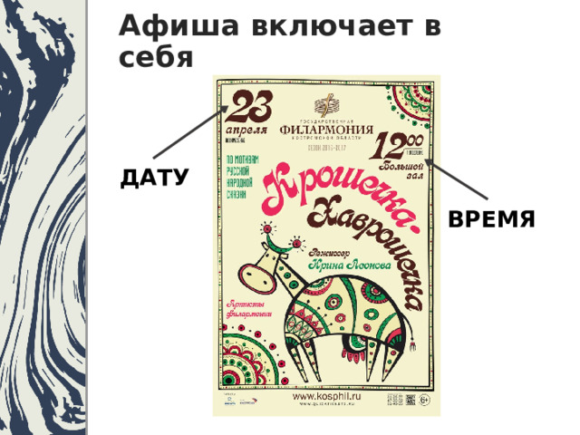 Афиша включает в себя ДАТУ ВРЕМЯ 