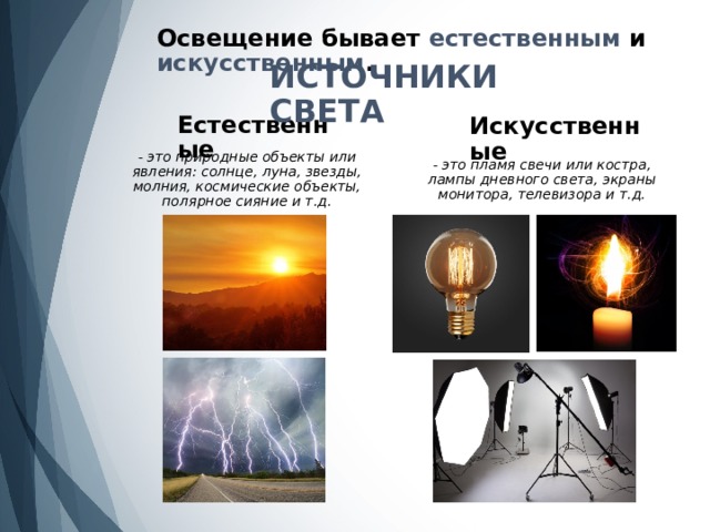 Освещение бывает естественным и искусственным . ИСТОЧНИКИ СВЕТА Естественные Искусственные - это природные объекты или явления: солнце, луна, звезды, молния, космические объекты, полярное сияние и т.д. - это пламя свечи или костра, лампы дневного света, экраны монитора, телевизора и т.д. 