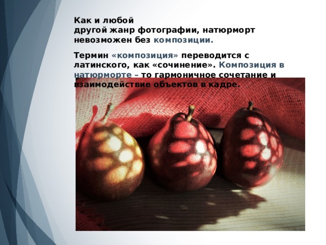 Как и любой другой жанр фотографии, натюрморт невозможен без  композиции.   Термин «композиция» переводится с латинского, как «сочинение». Композиция в натюрморте – то гармоничное сочетание и взаимодействие объектов в кадре.  