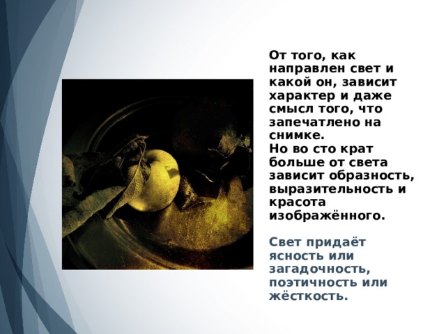 От того, как направлен свет и какой он, зависит характер и даже смысл того, что запечатлено на снимке.  Но во сто крат больше от света зависит образность, выразительность и красота изображённого.   Свет придаёт ясность или загадочность, поэтичность или жёсткость. 