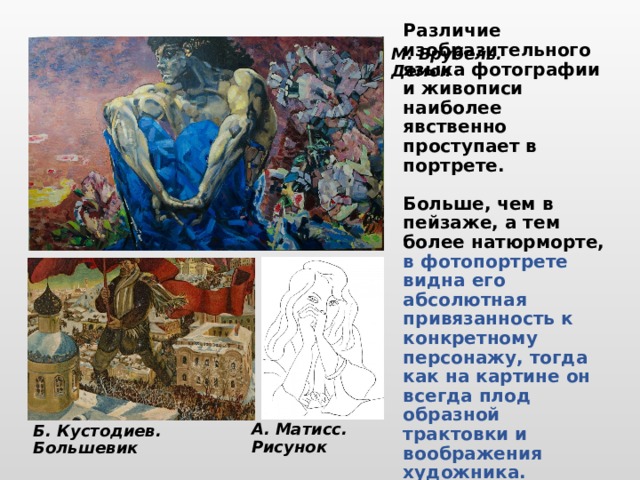М. Врубель. Демон Различие изобразительного языка фотографии и живописи наиболее явственно проступает в портрете.  Больше, чем в пейзаже, а тем более натюрморте, в фотопортрете видна его абсолютная привязанность к конкретному персонажу, тогда как на картине он всегда плод образной трактовки и воображения художника.  А. Матисс. Рисунок Б. Кустодиев. Большевик 