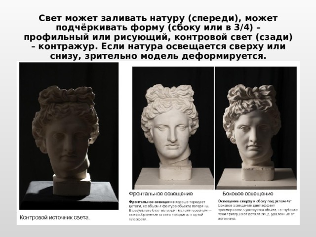 Свет может заливать натуру (спереди), может подчёркивать форму (сбоку или в 3/4) – профильный или рисующий, контровой свет (сзади) – контражур. Если натура освещается сверху или снизу, зрительно модель деформируется. 