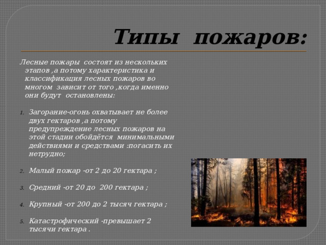 Типы пожаров: Лесные пожары состоят из нескольких этапов ,а потому характеристика и классификация лесных пожаров во многом зависит от того ,когда именно они будут остановлены:  Загорание-огонь охватывает не более двух гектаров ,а потому предупреждение лесных пожаров на этой стадии обойдётся минимальными действиями и средствами :погасить их нетрудно;  Малый пожар -от 2 до 20 гектара ;  Средний -от 20 до 200 гектара ;  Крупный -от 200 до 2 тысяч гектара ;  Катастрофический -превышает 2 тысячи гектара . 
