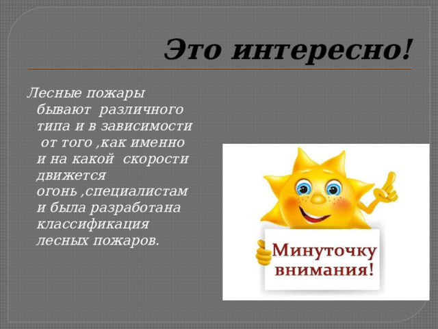 Это интересно! Лесные пожары бывают различного типа и в зависимости от того ,как именно и на какой скорости движется огонь ,специалистами была разработана классификация лесных пожаров. 