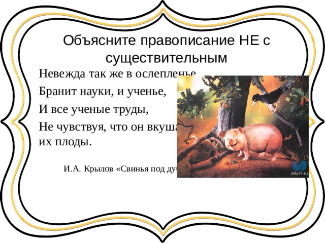 Объясните правописание НЕ с существительным Невежда так же в ослепленье Бранит науки, и ученье, И все ученые труды, Не чувствуя, что он вкушает их плоды.  И.А. Крылов «Свинья под дубом» 