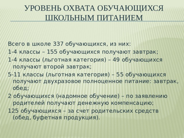 Уровень охвата обучающихся школьным питанием Всего в школе 337 обучающихся, из них: 1-4 классы – 155 обучающихся получают завтрак; 1-4 классы (льготная категория) – 49 обучающихся получают второй завтрак; 5-11 классы (льготная категория) – 55 обучающихся получают двухразовое полноценное питание: завтрак, обед; 2 обучающихся (надомное обучение) – по заявлению родителей получают денежную компенсацию; 125 обучающихся – за счет родительских средств (обед, буфетная продукция). 