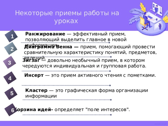   Некоторые приемы работы на уроках Ранжирование  — эффективный прием, позволяющий выделить главное в новой информации. 1 Диаграмма Венна —  прием, помогающий провести сравнительную характеристику понятий, предметов, явлений. 2 Зигзаг  — довольно необычный прием, в котором чередуются индивидуальная и групповая работа.  3 Инсерт  — это прием активного чтения с пометками. 4 Кластер  — это графическая форма организации информации 5 Корзина идей- определяет 