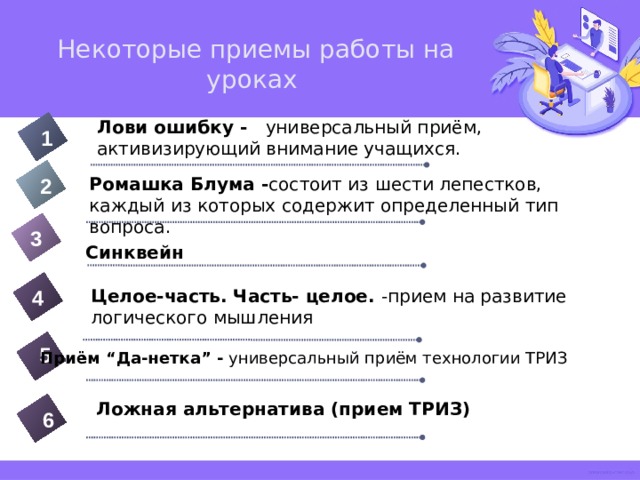   Некоторые приемы работы на уроках Лови ошибку -  универсальный приём, активизирующий внимание учащихся. 1 2 Ромашка Блума - состоит из шести лепестков, каждый из которых содержит определенный тип вопроса.  3 Синквейн   Целое-часть. Часть- целое. -прием на развитие логического мышления 4 5 Приём “Да-нетка” -  универсальный приём технологии ТРИЗ Ложная альтернатива (прием ТРИЗ) 6  