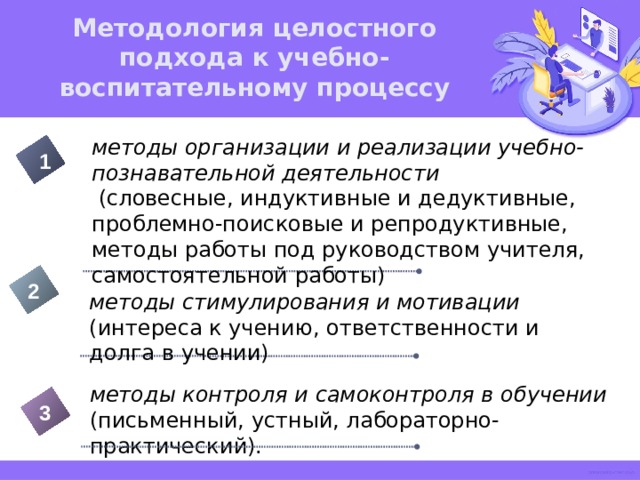 Методология целостного подхода к учебно-воспитательному процессу методы организации и реализации учебно-познавательной деятельности  (словесные, индуктивные и дедуктивные, проблемно-поисковые и репродуктивные, методы работы под руководством учителя, самостоятельной работы) 1 2 методы стимулирования и мотивации  (интереса к учению, ответственности и долга в учении) методы контроля и самоконтроля в обучении (письменный, устный, лабораторно-практический). 3 