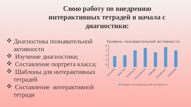 Свою работу по внедрению интерактивных тетрадей я начала с диагностики: Диагностика познавательной активности  Изучение диагностики;  Составление портрета класса;  Шаблоны для интерактивных тетрадей  Составление интерактивной тетради 
