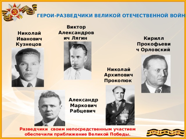 ГЕРОИ-РАЗВЕДЧИКИ ВЕЛИКОЙ ОТЕЧЕСТВЕННОЙ ВОЙНЫ Виктор Александрович Лягин  Николай Иванович Кузнецов  Кирилл Прокофьевич Орловский  Николай Архипович Прокопюк  Александр Маркович Рабцевич  Разведчики своим непосредственным участием обеспечили приближение Великой Победы. 