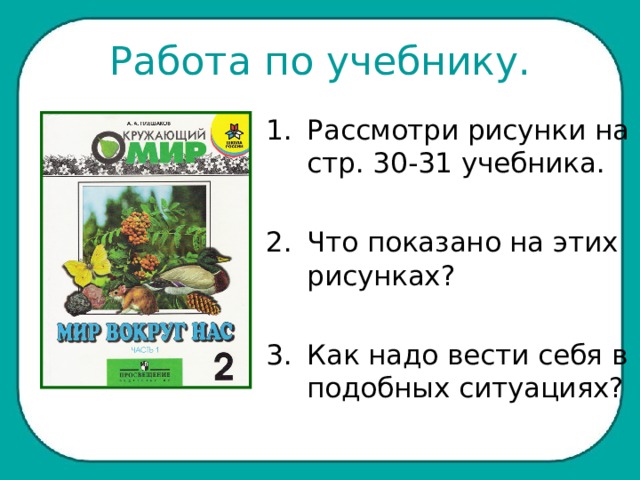 Работа по учебнику. Рассмотри рисунки на стр. 30-31 учебника.  Что показано на этих рисунках?  Как надо вести себя в подобных ситуациях? 