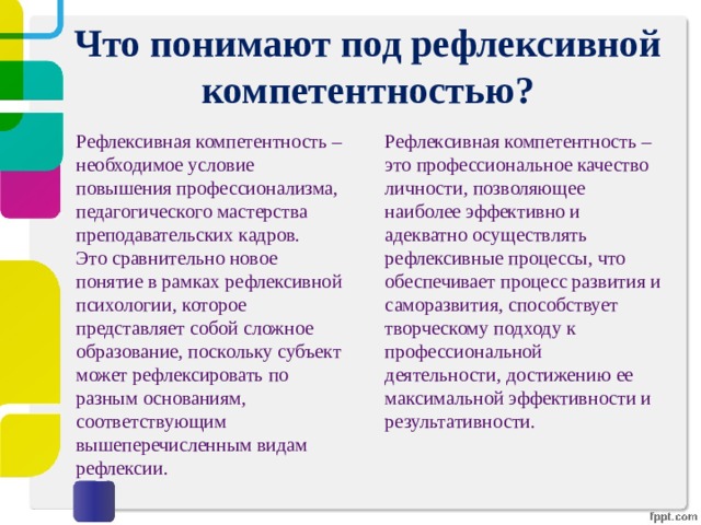 Что понимают под рефлексивной компетентностью? Рефлексивная компетентность – необходимое условие повышения профессионализма, педагогического мастерства преподавательских кадров. Это сравнительно новое понятие в рамках рефлексивной психологии, которое представляет собой сложное образование, поскольку субъект может рефлексировать по разным основаниям, соответствующим вышеперечисленным видам рефлексии. Рефлексивная компетентность – это профессиональное качество личности, позволяющее наиболее эффективно и адекватно осуществлять рефлексивные процессы, что обеспечивает процесс развития и саморазвития, способствует творческому подходу к профессиональной деятельности, достижению ее максимальной эффективности и результативности. 