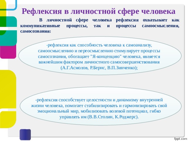 Рефлексия в личностной сфере человека  В личностной сфере человека рефлексия охватывает как коммуникативные процессы, так и процессы самоосмысления, самосознания: - рефлексия как способность человека к самоанализу, самоосмыслению и переосмыслению стимулирует процессы самосознания, обогащает 