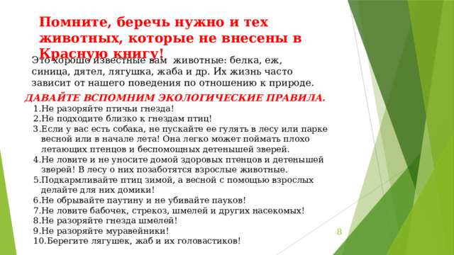 Помните, беречь нужно и тех животных, которые не внесены в Красную книгу! Это хорошо известные вам  животные: белка, еж, синица, дятел, лягушка, жаба и др. Их жизнь часто зависит от нашего поведения по отношению к природе. ДАВАЙТЕ ВСПОМНИМ ЭКОЛОГИЧЕСКИЕ ПРАВИЛА. Не разоряйте птичьи гнезда! Не подходите близко к гнездам птиц! Если у вас есть собака, не пускайте ее гулять в лесу или парке весной или в начале лета! Она легко может поймать плохо летающих птенцов и беспомощных детенышей зверей. Не ловите и не уносите домой здоровых птенцов и детенышей зверей! В лесу о них позаботятся взрослые животные. Подкармливайте птиц зимой, а весной с помощью взрослых делайте для них домики! Не обрывайте паутину и не убивайте пауков! Не ловите бабочек, стрекоз, шмелей и других насекомых! Не разоряйте гнезда шмелей! Не разоряйте муравейники! Берегите лягушек, жаб и их головастиков!  