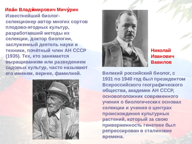 Ива́н Влади́мирович Мичу́рин Известнейший биолог-селекционер автор многих сортов плодово-ягодных культур, разработавший методы их селекции, доктор биологии, заслуженный деятель науки и техники, почётный член АН СССР (1935). Тех, кто занимается выращиванием или разведением садовых культур, часто называют его именем, вернее, фамилией. Николай Иванович Вавилов Великий российский биолог, с 1931 по 1940 год был президентом Всероссийского географического общества, академик АН СССР, основоположник современного учения о биологических основах селекции и учения о центрах происхождения культурных растений, который за свою приверженность генетике был репрессирован в сталинские времена.  