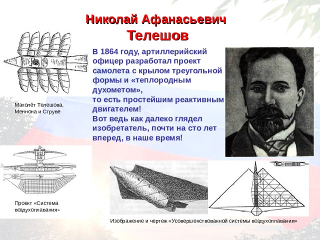 Николай Афанасьевич  Телешов В 1864 году, артиллерийский офицер разработал проект самолета с крылом треугольной формы и «теплородным духометом», то есть простейшим реактивным двигателем! Вот ведь как далеко глядел изобретатель, почти на сто лет вперед, в наше время!   Махолёт Телешова, Меннона и Струве Проект «Система воздухоплавания » Изображение и чертеж «Усовершенствованной системы воздухоплавания»  