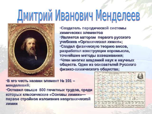 Создатель перодической системы химических элементов Является автором первого русского учебника «Органическая химия»; Создал физическую теорию весов, разработал конструкции коромысла, точнейшие методы взвешивания; Член многих академий наук и научных обществ. Один из основателей Русского физико-химического общества; В его честь назван элемент № 101 – менделевий; Оставил свыше 500 печатных трудов, среди которых классические «Основы химии»— первое стройное изложение неорганической химии 