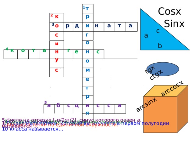 tgx ctgx arcsinx arccosx т 1 Соsx 2 к р Sinx р а о т а и д н 3 c г с a о и b т о к а г 4 н е с н у о м с е т р 5 ц а с с б с а и я 5.Число на отрезке [-п/2;п/2], синус которого равен а , называется … 3.Синус – это … точка на единичной окружности. 4.Отношение косинуса к синусу. 1.Раздел математики, который вы изучаете в первом полугодии 10 класса называется… 2.Абсцисса точки на единичной окружности.  