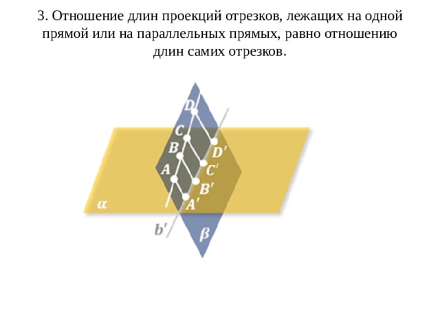 3. Отношение длин проекций отрезков, лежащих на одной прямой или на параллельных прямых, равно отношению длин самих отрезков.   