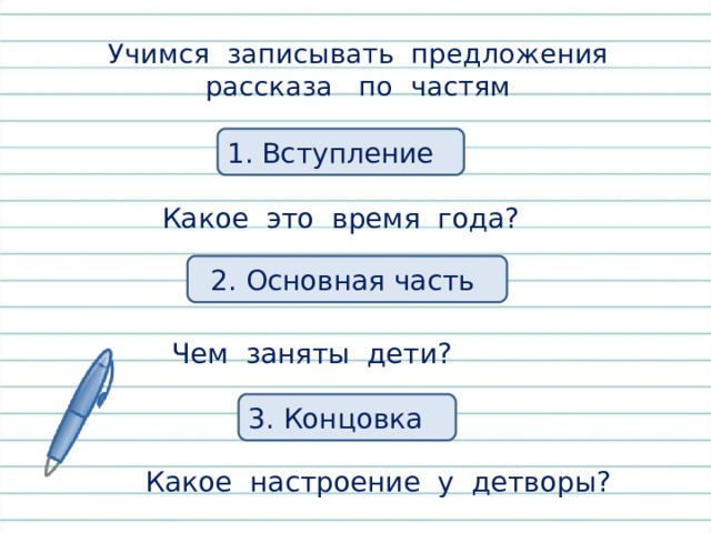 Учимся записывать предложения рассказа по частям 1. Вступление Какое это время года? 2. Основная часть Чем заняты дети? 3. Концовка Какое настроение у детворы? 