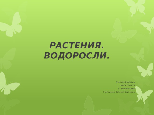 РАСТЕНИЯ. ВОДОРОСЛИ. Учитель биологии МАОУ СОШ 26 Г. Калининграда Григоренко Евгения Сергеевна 