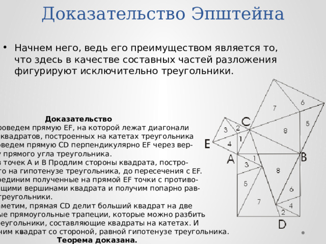 Доказательство Эпштейна Начнем него, ведь его преимуществом является то, что здесь в качестве составных частей разложения фигурируют исключительно треугольники. Доказательство Проведем прямую EF, на которой лежат диагонали Двух квадратов, построенных на катетах треугольника И проведем прямую CD перпендикулярно EF через вер- Шину прямого угла треугольника. Из точек А и В Продлим стороны квадрата, постро- енного на гипотенузе треугольника, до пересечения с EF. Соединим полученные на прямой EF точки с противо- Лежащими вершинами квадрата и получим попарно рав- Ные треугольники. Заметим, прямая CD делит больший квадрат на две Равные прямоугольные трапеции, которые можно разбить На треугольники, составляющие квадраты на катетах. И Получим квадрат со стороной, равной гипотенузе треугольника.  Теорема доказана.  