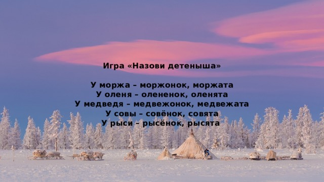    Игра «Назови детеныша»   У моржа – моржонок, моржата  У оленя – олененок, оленята  У медведя – медвежонок, медвежата  У совы – совёнок, совята  У рыси – рысёнок, рысята 