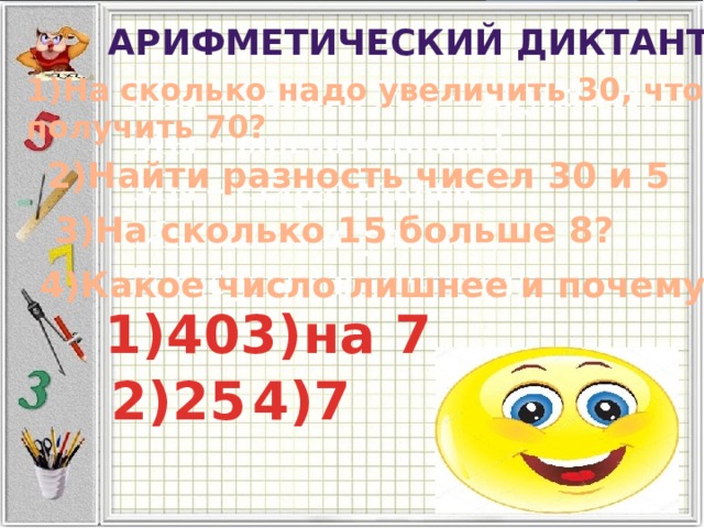 АРИФМЕТИЧЕСКИЙ ДИКТАНТ 1)На сколько надо увеличить 30, чтобы  получить 70? 2)Найти разность чисел 30 и 5 3)На сколько 15 больше 8? 4)Какое число лишнее и почему? 1)40 3)на 7 2)25 4)7 