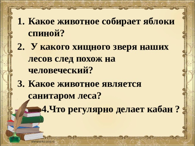 Какое животное собирает яблоки спиной?  У какого хищного зверя наших лесов след похож на человеческий? Какое животное является санитаром леса?  4.Что регулярно делает кабан ? 