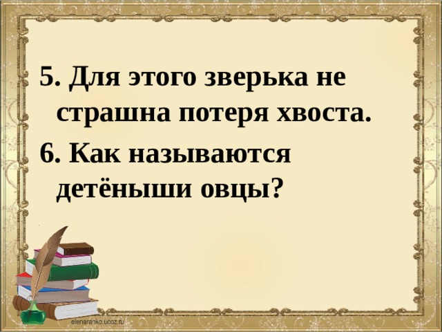 5. Для этого зверька не страшна потеря хвоста. 6. Как называются детёныши овцы? 