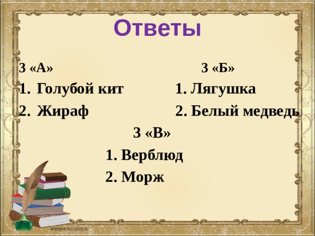  Ответы     3 «А» 3 «Б» Голубой кит 1. Лягушка Жираф 2. Белый медведь  3 «В»  1. Верблюд  2. Морж 