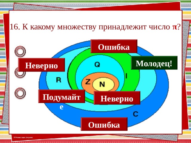 16. К какому множеству принадлежит число π ? Ошибка Молодец! Неверно Подумайте Неверно Для визуализации ответа необходимо нажать на букву на рисунке (скрытые кнопки) Ошибка 13 